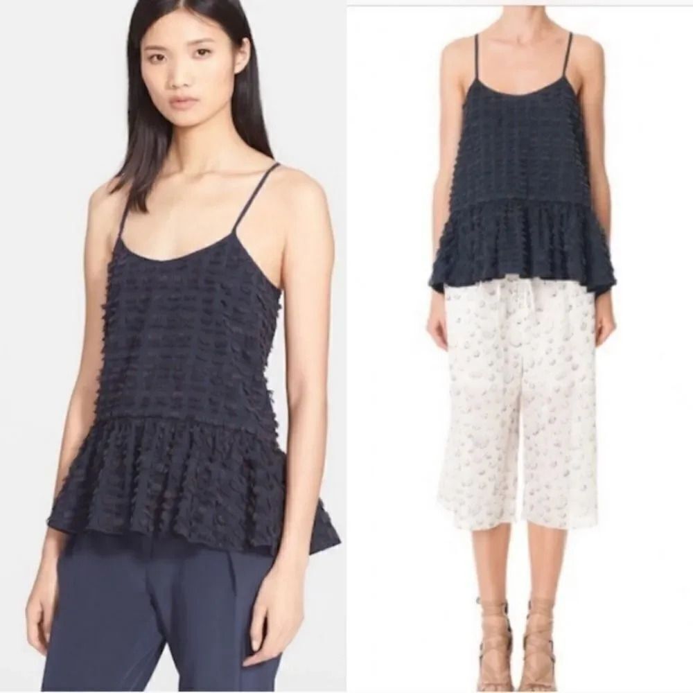 Tibi Fil Coupe Fringe Ruffle Cami Tank Top in Navy Blue Size 6